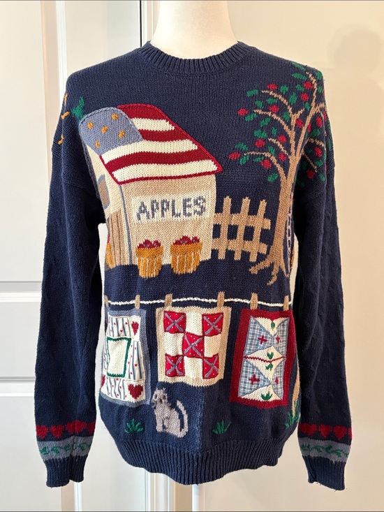 Northern Isles Sweaters - Vintage Northern Isles Navy Crewneck Sweater with Apple Barn and Quilt Motifs